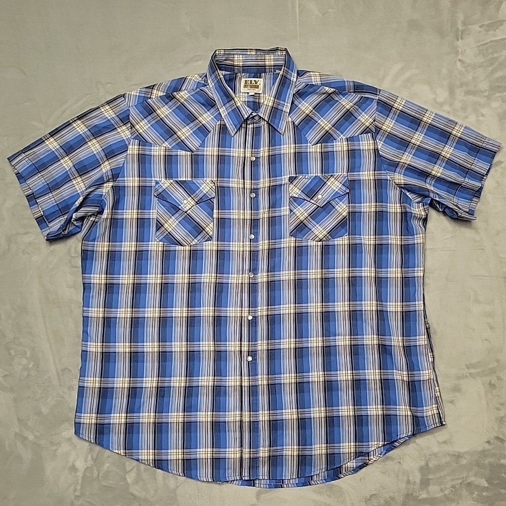 Ely Cattleman Button Down Mens XXL Blue Plaid Western Pearl Snap Short Sleeve